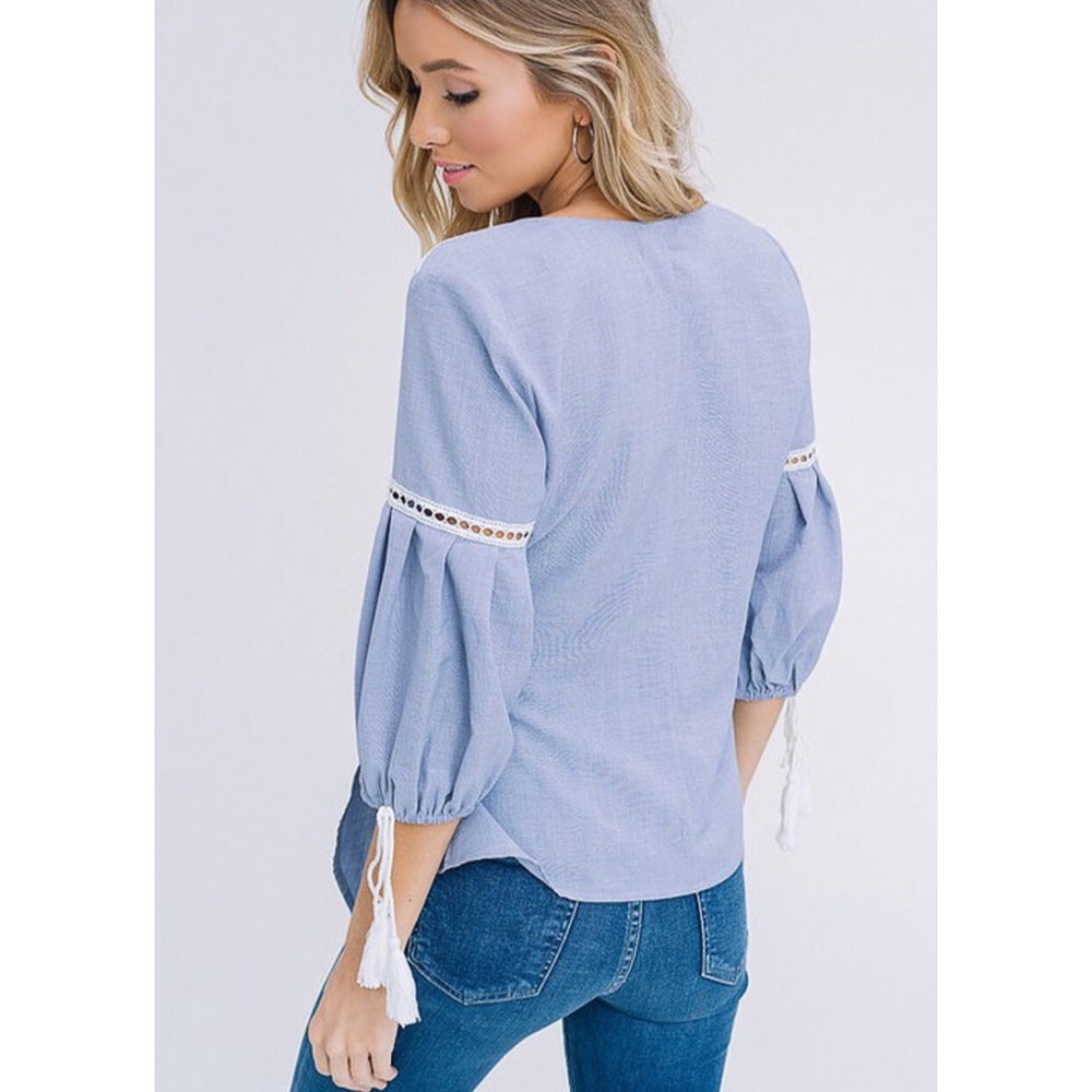 Light Blue Textured Woven Wrap Top - Picture 4 of 5